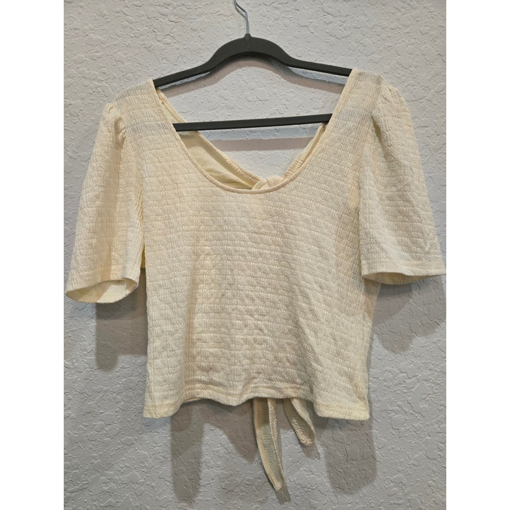 FRNCH PARIS‎ Cream Textured Puff Sleeve Tie Back Cropped Top Women's Size L